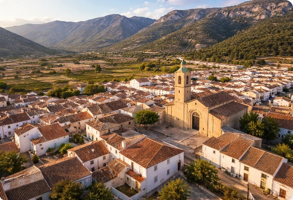 Vista aérea de Zafarraya con la iglesia y la sierra al fondo